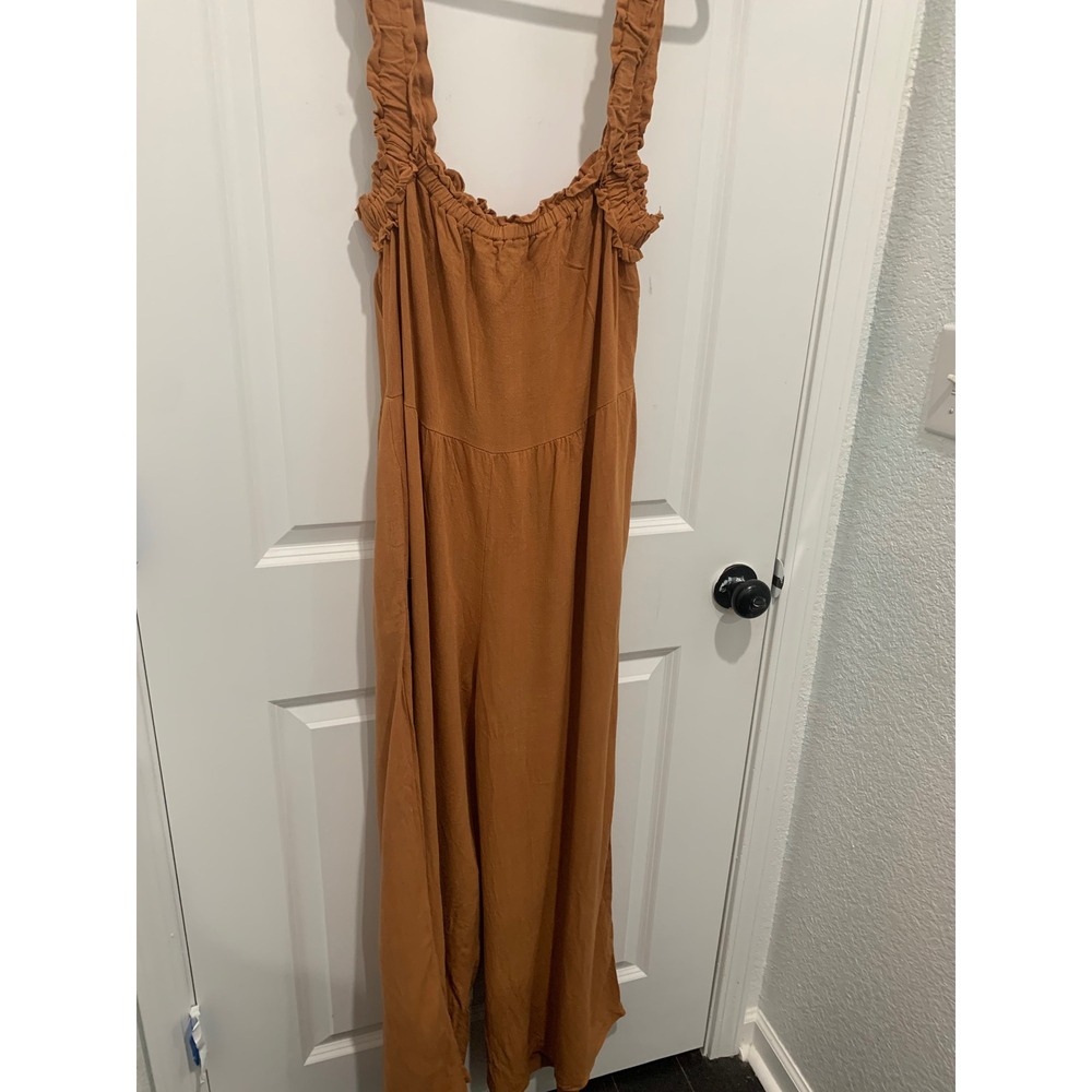 Ces Femme Rust Orange Linen Blend Ruffle Strap Wide Leg Jumpsuit Large - Picture 5 of 6